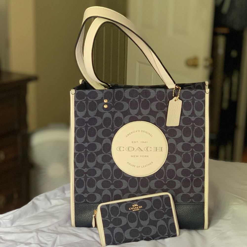 Coach Navy Signature Canvas Tote with Cream Trim